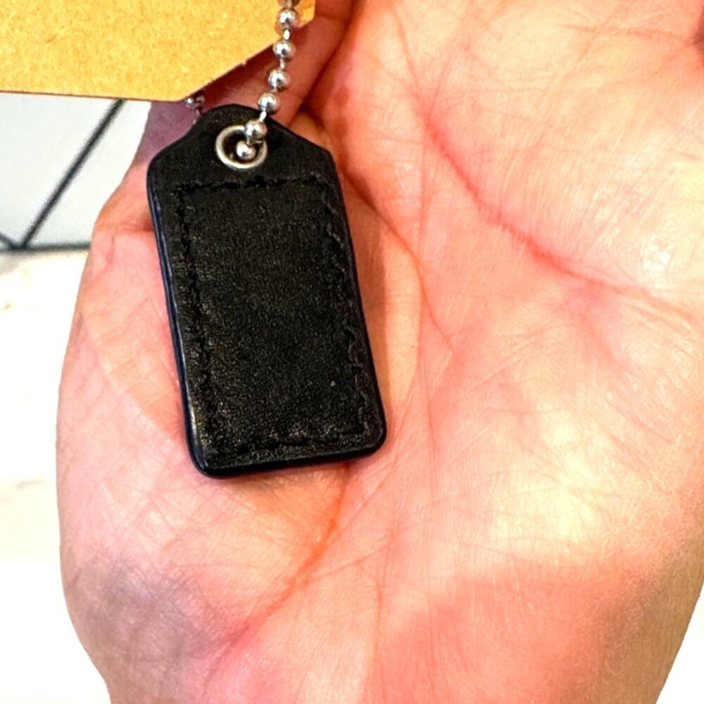 Vintage 90s Coach black leather hangtag or bag charm silver tone chain - Picture 3 of 3